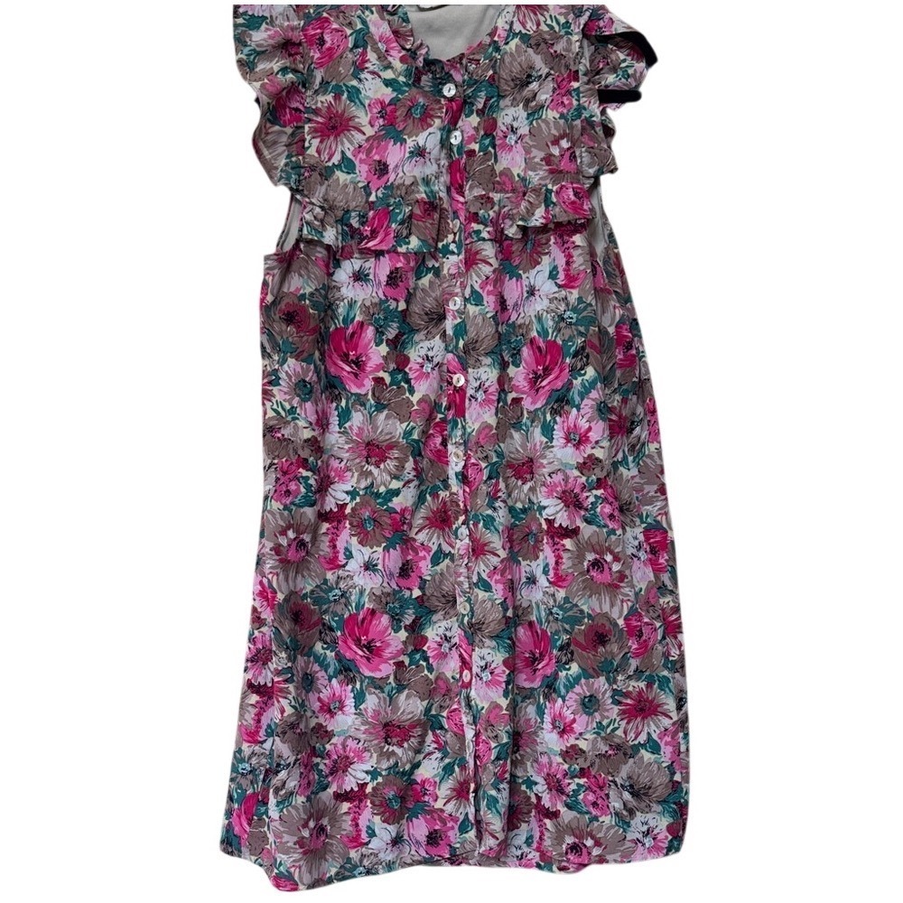Entro Floral Ruffle Button Front Sleeveless Dress Pink Tan Teal Medium